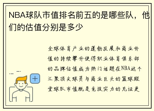 NBA球队市值排名前五的是哪些队，他们的估值分别是多少